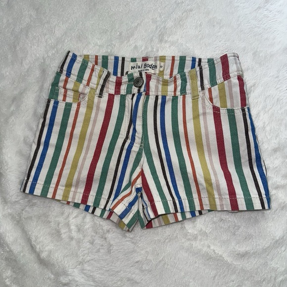 Mini Boden Other - Mini Boden Rainbow Striped Denim Shorts‎ Girls 8  Heart Pockets Colorful Preppy